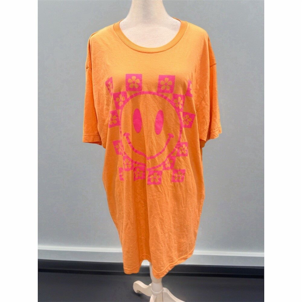 Tultex T-Shirt Dress Womens XL Orange Oversized Longline Smiley Graphic